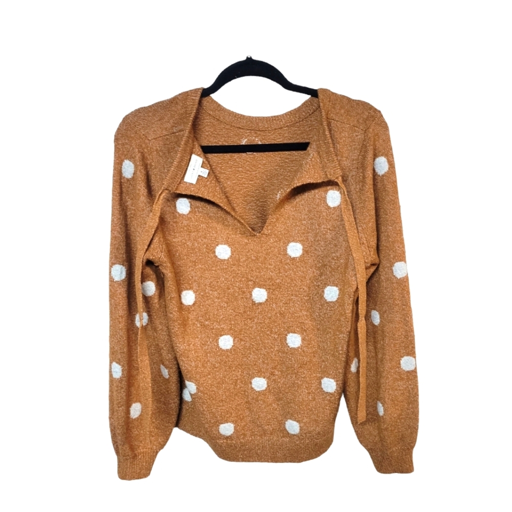 Lucky Brand Orange White Polka dot Scoop Neck Tie up Sweater